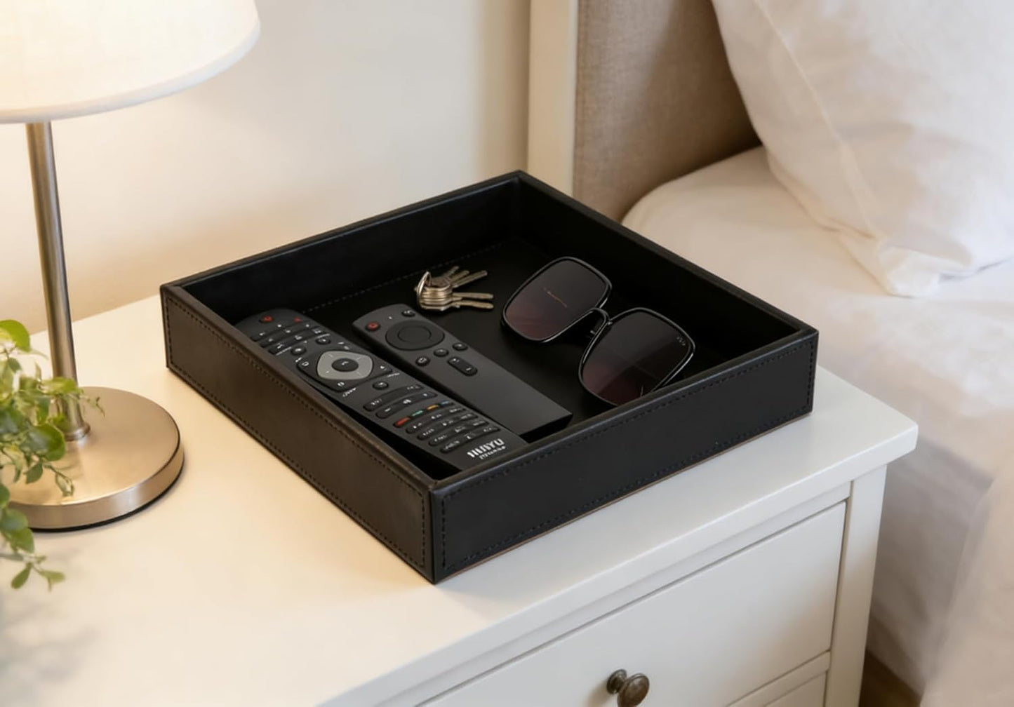 HofferRuffer Faux Leather Vanity Tray, Elegant Desktop Storage Organizer, Decorative Catchall for Perfume, Bathroom Valet, Nightstand or Dresser, Black, 10.2 x 8.4 x 1.8 Inches