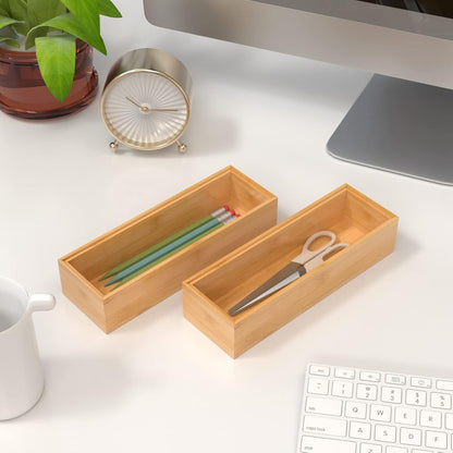VeyFey Bamboo Drawer Organizer, Stackable Utensil Organizer for Kitchen, Bamboo Storage Box Wood Silverware Tray for Drawer 15" x 6" x 2" Set of 2