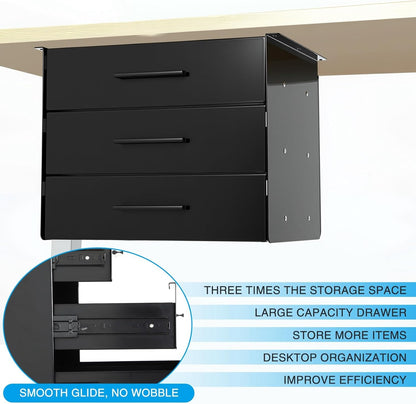 Menkxi 16 inch Under Desk Drawer Storage Pull out Storage Organizer Mounted Metal Sliding Hidden Under Counter Drawer Vertically Stacked for Office Sit Stand Workstation (Black,2 Layer)