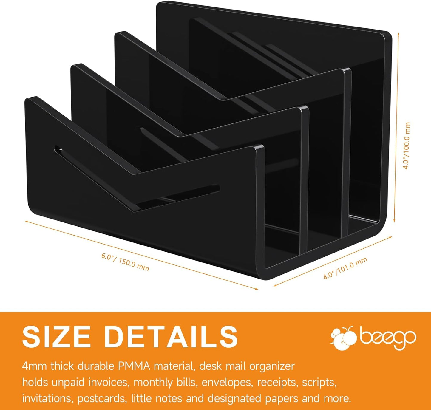 Beego Envelope and Mail Organizer Countertop - Clear Acrylic Desk Organizer Letter Holder Desktop File Sorter Bill Document Folder Rack for Office, Home, School Desk Organization