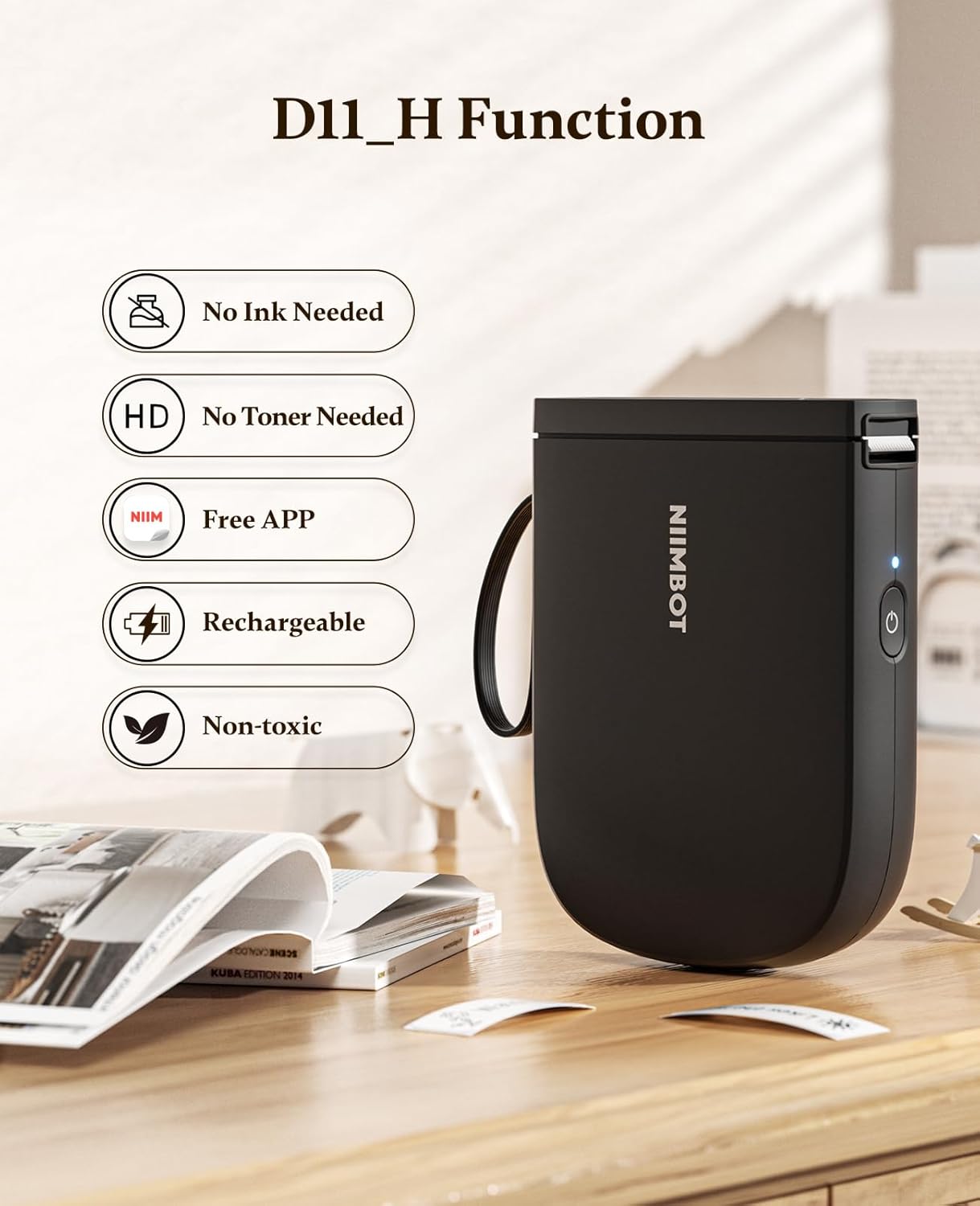 NIIMBOT 300 DPI D11 Label Maker Machine with 1 Tape, Mini Portable Label Printer, Bluetooth Thermal Label Printer Sticker Labeler for Office Home Kitchen School Organization, White