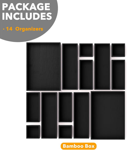 SpaceAid 14-Piece Bamboo Drawer Organizer Storage Boxes Set, Wood Tray Junk Drawer Organizers Multi-Use Divider Bins for Kitchen, Bathroom, Office Desk and Makeup Organization (14 Pack, Natural)