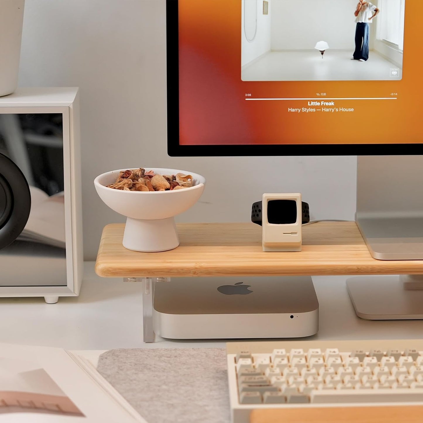 Bamboo Monitor Stand Riser with Acrylic Legs for Desk, 31.5 Inches Desktop Shelf Supports for PC Computer Monitor, Laptops, Printer, Speakers (White)