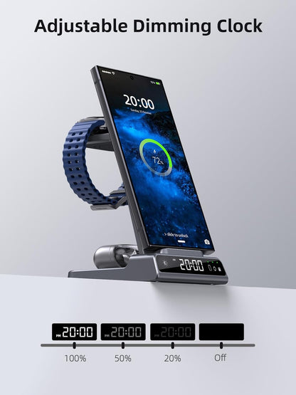 Wireless Charger for Samsung Charging Station: 3 in 1 Android Charging Stand with Dimmable Clock - Nightstand Organizer for Galaxy S25 Ultra, Galaxy Watch 8 7 6 5 4, Galaxy Buds, Space-Saving Charger