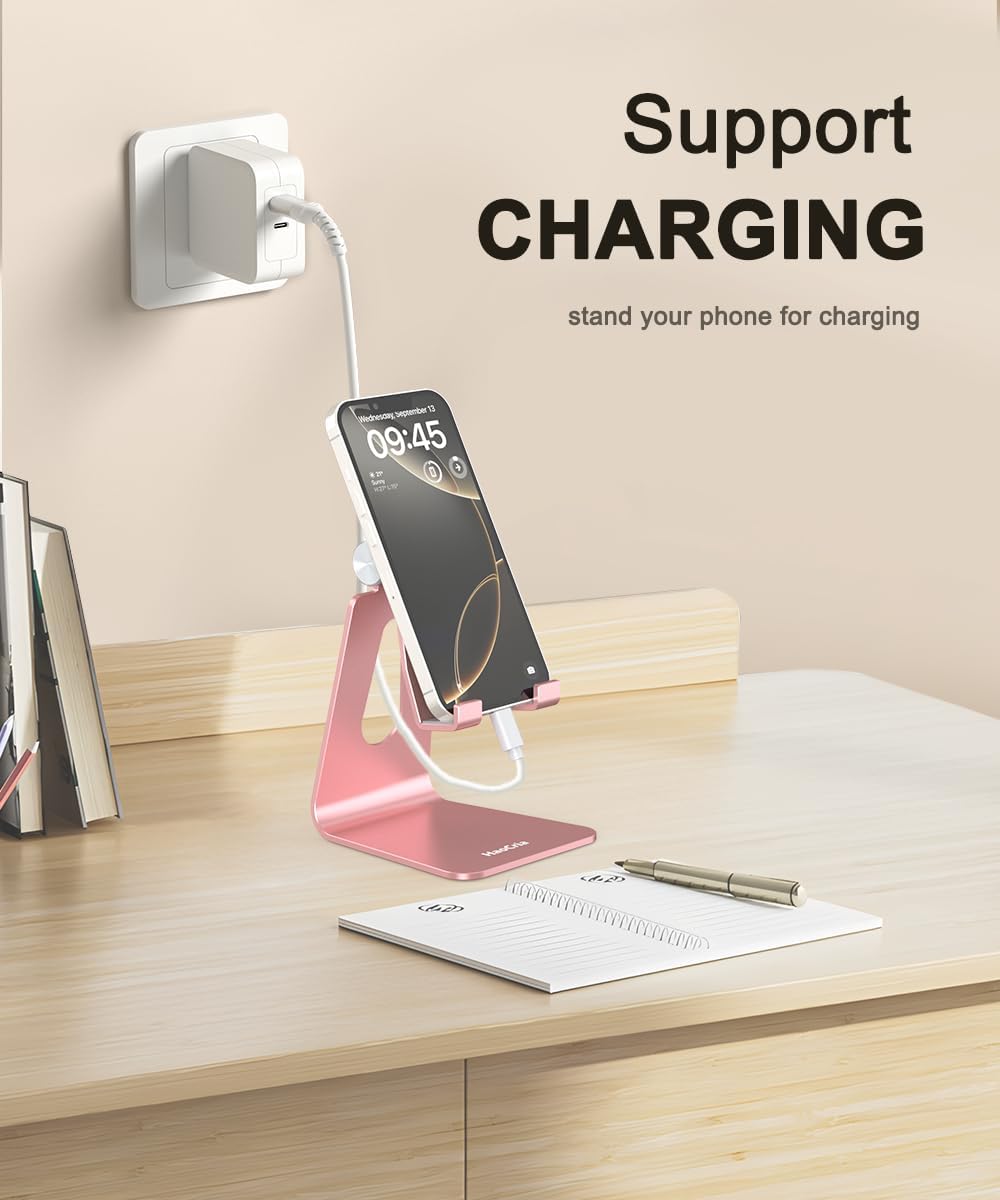 Cell Phone Stand for Desk- Adjustable Phone Stand Holder, Cradle, Dock, Desktop Stand for iPhone 17 16, 15, 14, Plus, Pro, Pro Max, 13 12 X XS,4-8" Phones, Office Accessories (Rose Gold)
