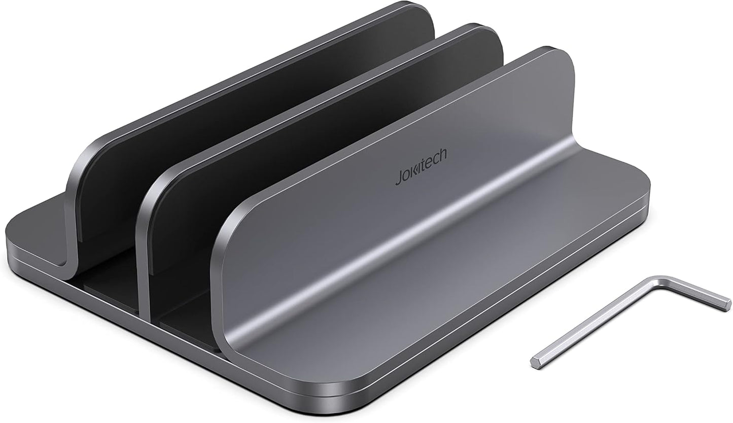 JOKItech Dual Aluminum Vertical Laptop Stand Organizer, Sturdy Notebook Computer Holder Stand Compatible with New Liquid Retina XDR Apple MacBook Air/Pro/Neo, Mac mini & iPad Pro - Black