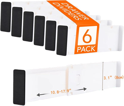 6-Pack Adjustable Drawer Dividers (10.8"-17.9"), 3.1" High Expandable Organizers for Baby Nursery, Bathroom Vanity, Desk & Junk Drawers - Non-Slip Locked Separation