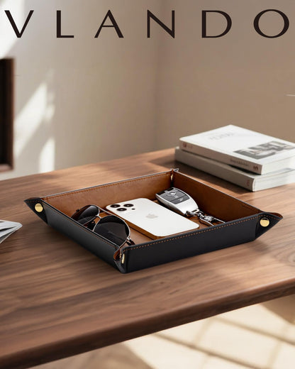 VLANDO Valet Tray for Men Women, Nightstand Organizer Vanity Catchall Holder for Dresser Desk Storage Bedside, Travel PU Leather Jewelry Key Bowl Coin Watches and Candy Entryway Tray - Large, Brown