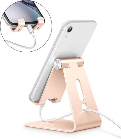 Adjustable Cell Phone Stand, OMOTON Aluminum Desktop Cellphone Stand with Anti-Slip Base and Convenient Charging Port, Fits All Smart Phones, Silver