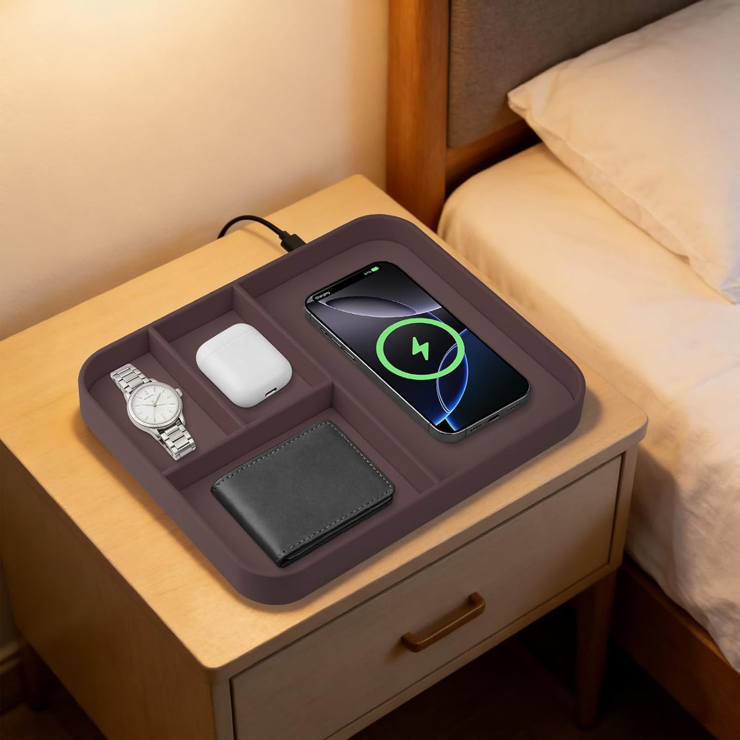 VOVIPO Birthday Gifts Bedside Organiser-Faux Leather Valet Tray With Wireless Charger For Phone And Earbuds,Nightstand Organizer,Mens Jewelry Box,Office Desk Organizers