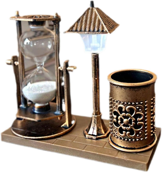 Vintage Style Desk Organizer Set with Hourglass Timer, Decorative Pen Holder, Bronze Finish, pen organizer for desk, vintage office decor, sand timers, desk organizer pen holder