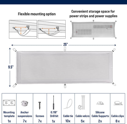 Cable Management net - Under Desk Wire Management - Flexible Under Desk Cable Management Tray White