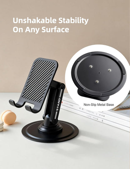 Phone Stand for Desk, Adjustable Dual-Axis 360° Rotating Sturdy Cell Phone Holder, Anti-Loose Maintainable Design, Compatible with iPhone Android Smartphones