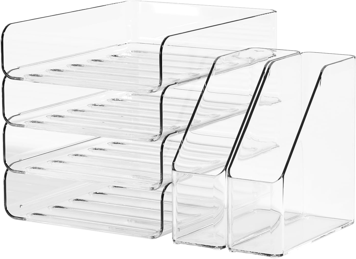 FANXIYQ 4-Tier Horizontal Acrylic Paper Tray Organizer with Bookends | Clear Stackable Desk Organizer for Documents, Letters, A4 Paper | Modern Office/Classroom/Home Organization