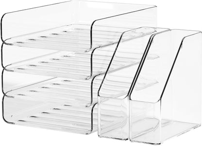FANXIYQ 4-Tier Horizontal Acrylic Paper Tray Organizer with Bookends | Clear Stackable Desk Organizer for Documents, Letters, A4 Paper | Modern Office/Classroom/Home Organization