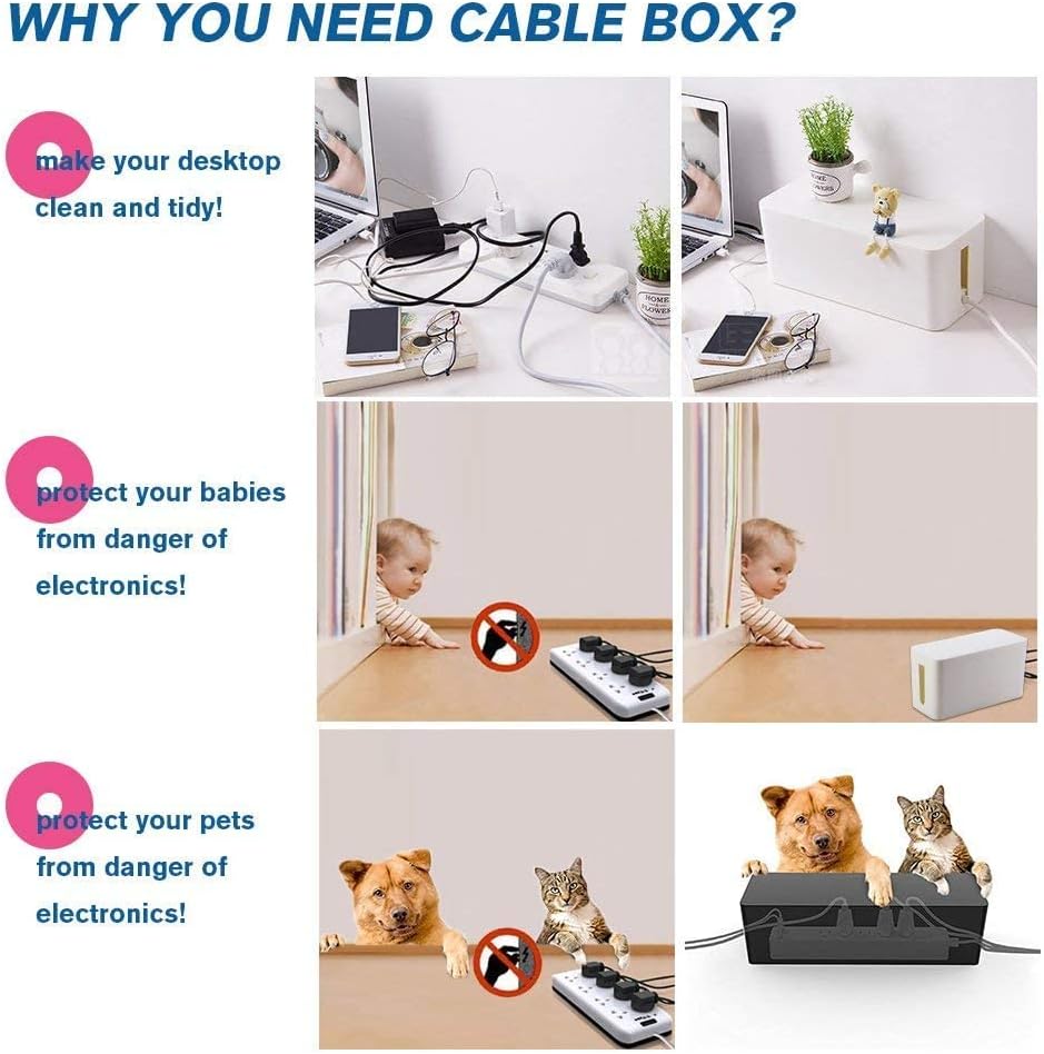 [Set of Three] Cable Management Boxes Organizer, Large Storage Wires Keeper Holder for Desk, TV, Computer, USB Hub, System to Cover and Hide & Power Strips & Cords (Black)