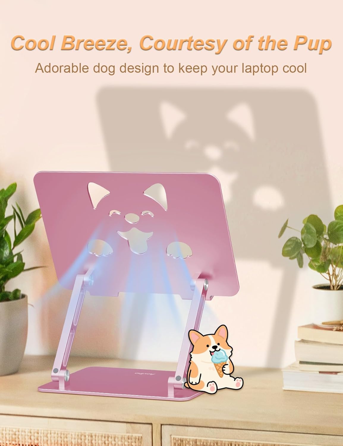 Aoviho Laptop Stand for Desk-Adjustable, Foldable, Portable, Ergonomic Aluminum Notebook Riser with Unique Puppy Cooling Vent, Desk Gift for 10"-17.3" Devices Mac, Dell, HP, Lenovo, Samsung, Gray