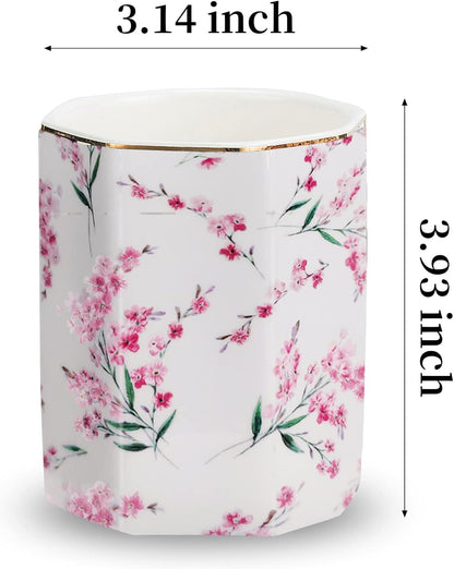 Pencil Holder for Desk Organizer,Ceramic Writing Utensil Storage Organizer Aesthetic Floral Pattern Pen Holder Pen Cup Makeup Brush Holder Creative Gift for Desktop Supplies,School Life Blue