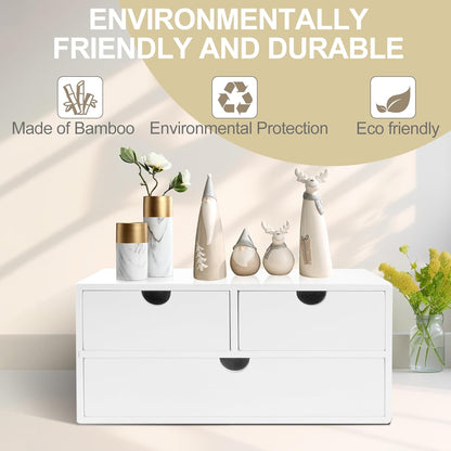 Charmewooden Bamboo Desk Organizer 3 Drawer with Shelf, Countertop Organizer with Drawers Makeup Storage Drawer 3 Drawers Tabletop Storage Organization Box Home Office Workspace（White）