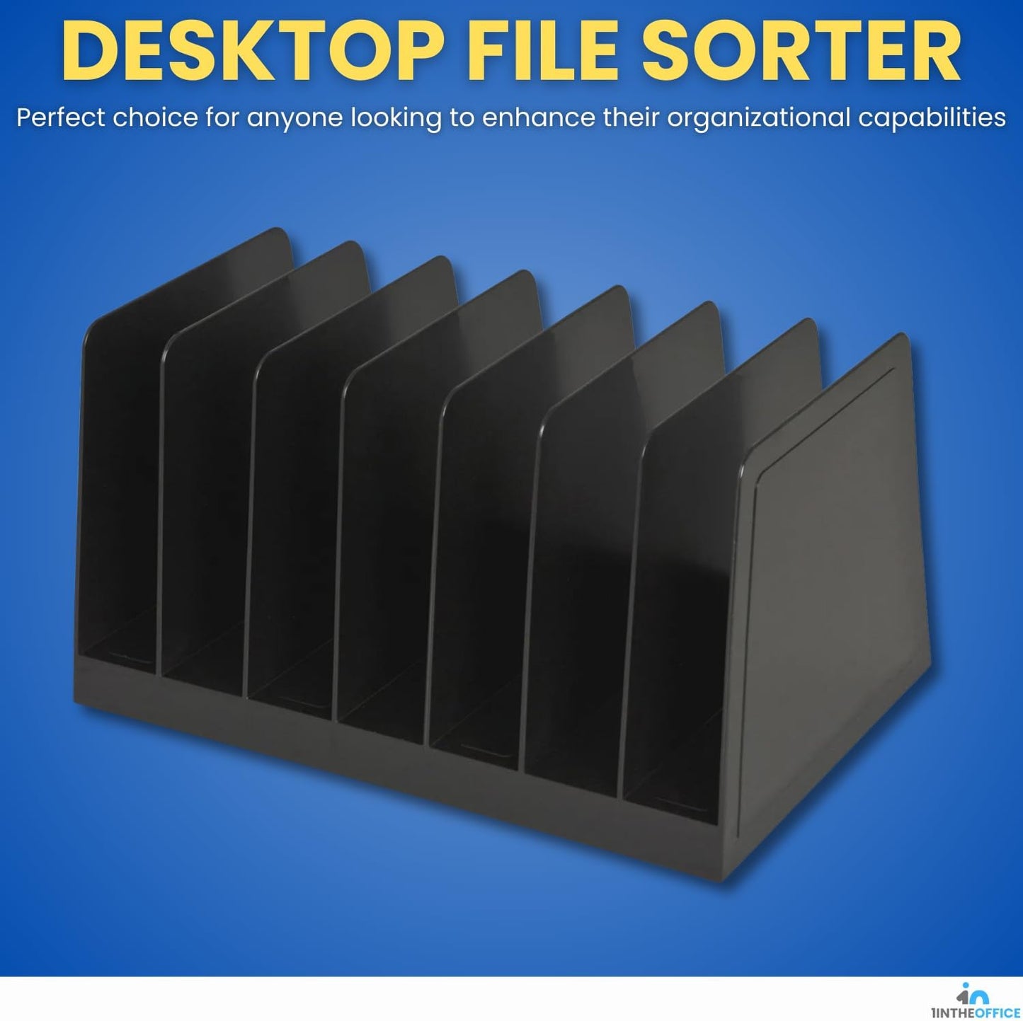 1InTheOffice Desktop File Organizer Vertical, Mail Organizer, 7 Compartments Office File Sorter, 4-3/4" H x 8-3/4" W x 5-1/2" D, Plastic, Black 2 Pack