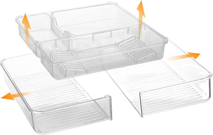 Expandable Drawer Organizer-Adjustable Shallow Tray, 11" to 19" Width,1.97" Height, Clear Plastic Storage for Bedroom, Living Room, Kitchen/Bathroom/Office/Cosmetic/Tools/Cutlery/Stationery