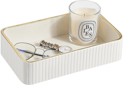 Desk Organizer Tray, PU Leather Nightstand Organizer Perfume Valet Tray for Men Women, Decorative Vanity Trays Trinket Dish Key Bowl for Entryway Table (2pcs, Ivory, Large+Small)