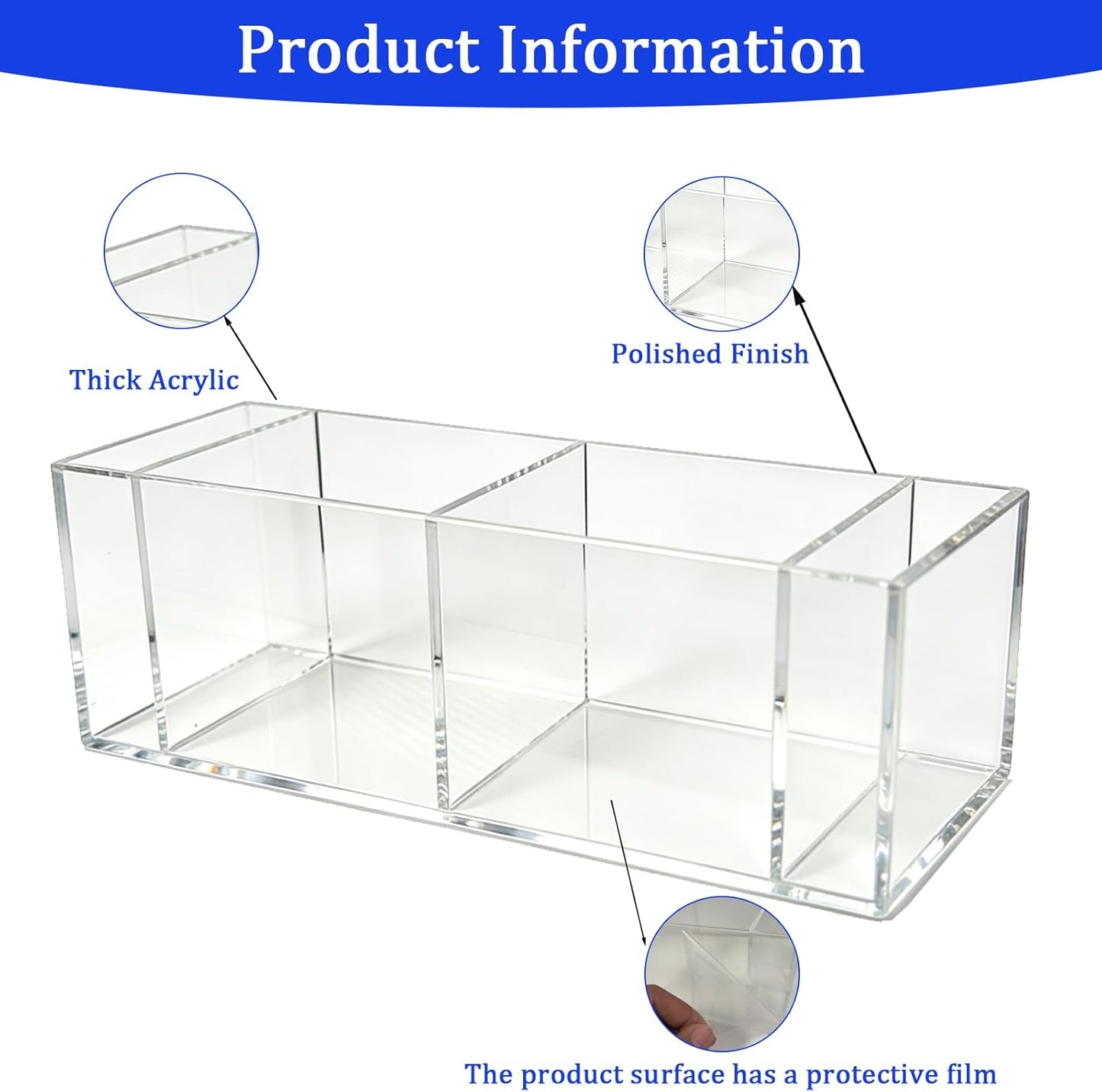 2 Pack Acrylic 3-Compartment Organizer Box, Storage Box with Lid, Clear Pen Holder Organizer Makeup Brush Holder for Office Desk Accessories, Cosmetic Brush Storage Box, Dorm, Bathroom, Kitchen