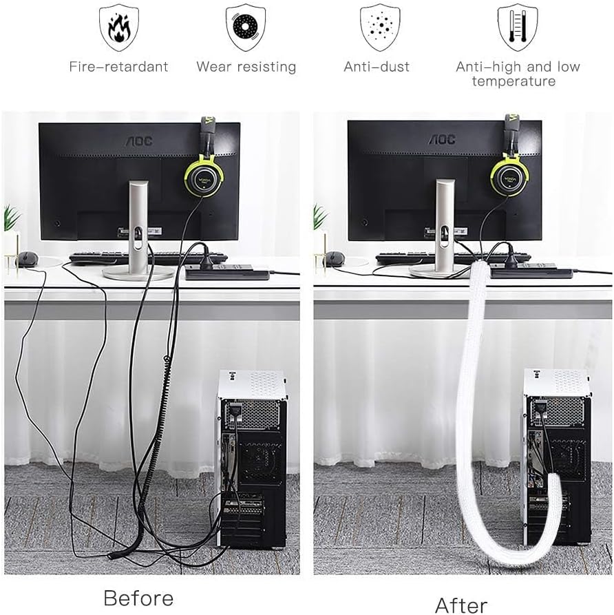 AGPTEK White Cable Sleeve, 2 Pack 5ft - 1.2 Inch Cable Management, Desk Cord Cover Organizer Wire Hider for Computer TV Wire Loom Tubing, Pet Proof Cord Protector from Cat Dog Chewing, White