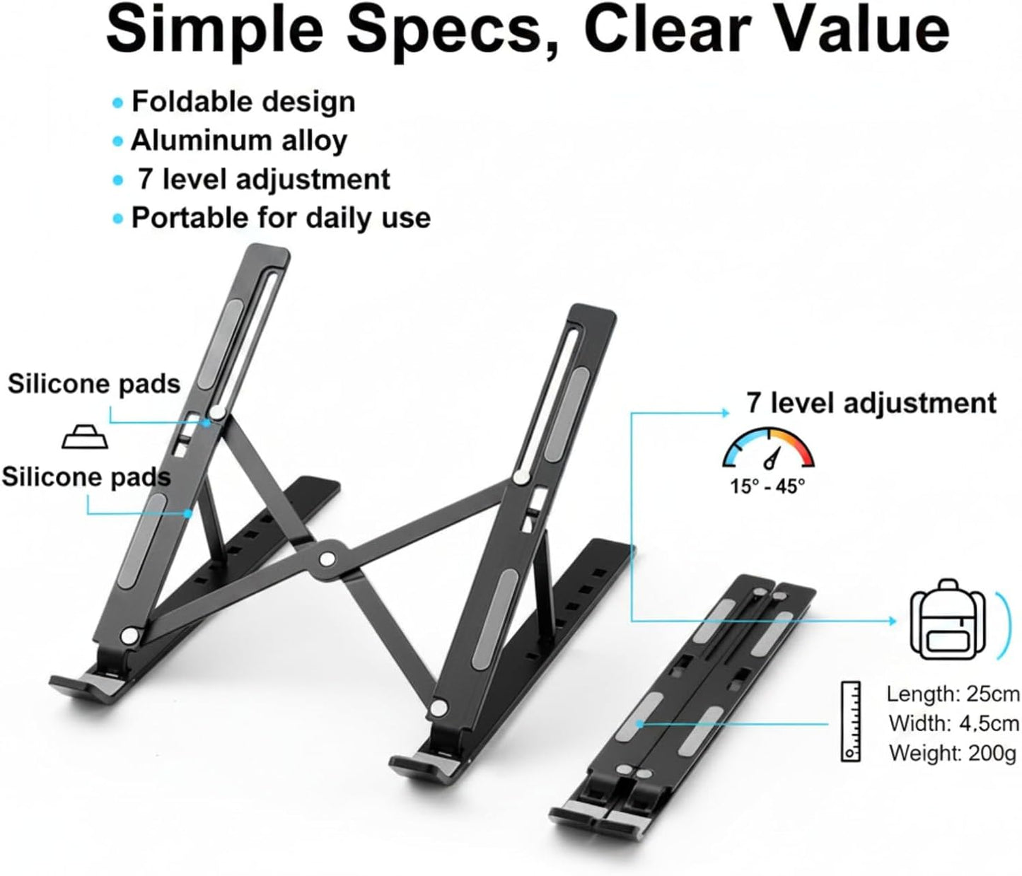 Adjustable Laptop Stand, Foldable Aluminum Laptop Riser for Desk, Portable Ergonomic Notebook Holder for 10-17 Inch Laptops, iPad & Tablet (Black,Aluminum Alloy)