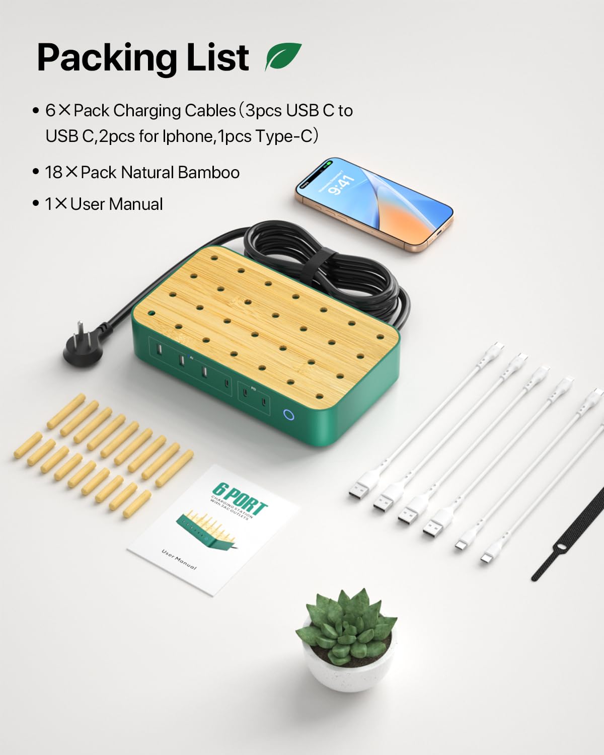 Bamboo USB-C Charging Station for Multiple Devices,60W 6 Port Charing Dock with 3 AC Outlets, 3 USB C, 3 USB A,6.6ft Power Cord for lPhone,lPad,Tablets (6 Mixed Cables Included),White