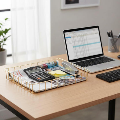 Rose Gold File Organizer for Desk Letter Size Desk Paper Organizer Trays Large Capacity Metal File Organizer Paper Tray Wire Basket Bins for Office Desktop,12.5" x 9.4" x 1.9"
