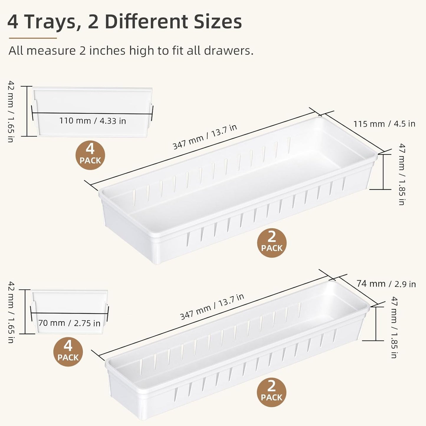Desk Drawer Organizer Tray, 4 Pack Expandable Drawer Organizer with Dividers Adjustable, Bathroom Organizer Bins for Junk, Office, Makeup, Kitchen Utensil