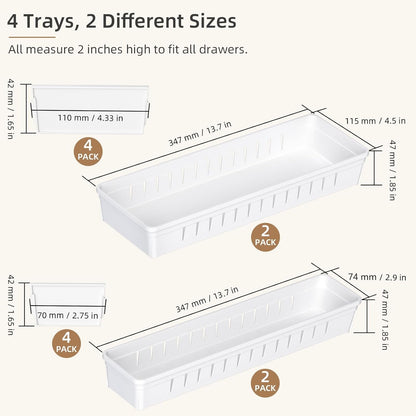 Desk Drawer Organizer Tray, 4 Pack Expandable Drawer Organizer with Dividers Adjustable, Bathroom Organizer Bins for Junk, Office, Makeup, Kitchen Utensil