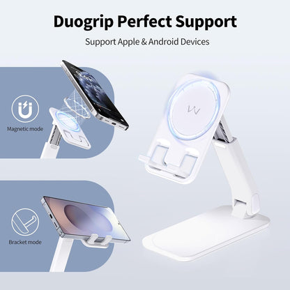 iWALK Magnetic Cell Phone Stand for Desk, Angle and Height Adjustable Mobile Phone Holder, Foldable Magnet Stand for iPhone 17 16 15 14 13 12 Pro Max and iPad, Cell Phone Holder for Samsung, White