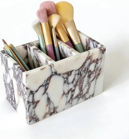 Marble Pen Holder, White Stone Rectangular Desktop Organizer, Office Study Makeup Brush Storage, Home Desk Decor, Minimalist Design, Durable Marble Accessory