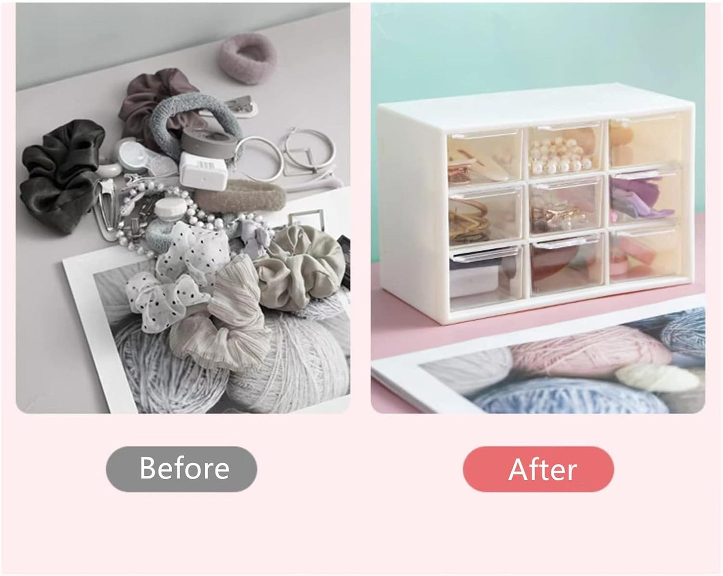 Feadily 4PCS Small Drawer Organizer for Desk, Desktop Drawer Organizer with 9 Clear Drawers, Plastic Desktop Storage Drawers 7.1 Inch x 3 .9 Inch x 4.7 Inch, White