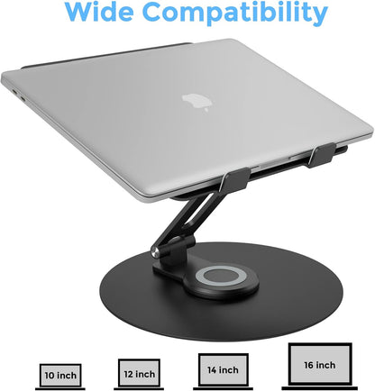 Swivel Laptop Stand for Desk, Adjustable Height Aluminum Computer Stand with 360 Rotating Base, Foldable Ergonomic Riser, Portable Laptop Holder Compatible with MacBook, All Laptops 10-17'', Grey