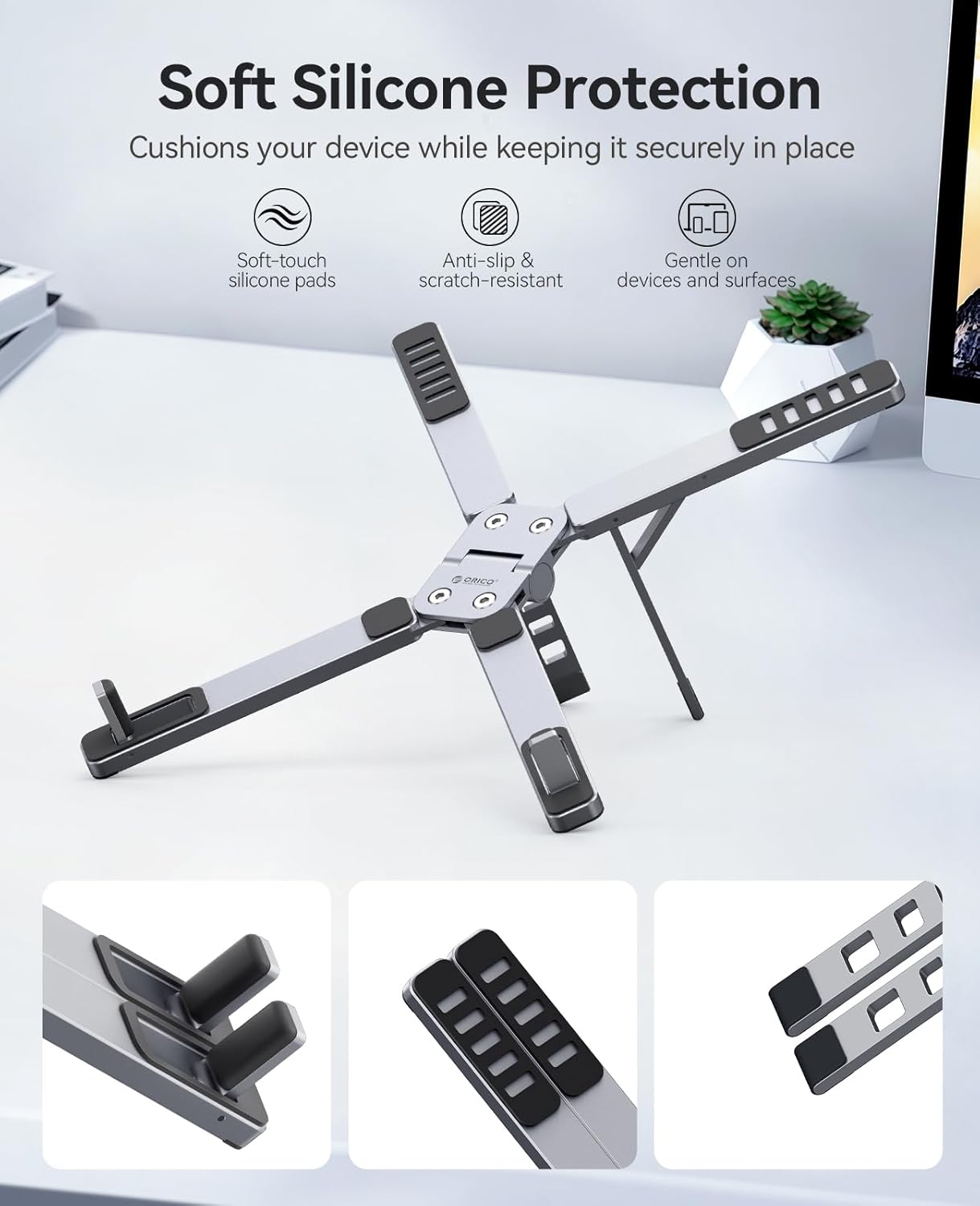 ORICO Portable Laptop Stand for Travel & Desk, Ultra-Compact Foldable Aluminum 3-in-1 Riser for Laptop, Tablet & Phone, 5 Adjustable Heights, Compatible with MacBook/HP/Dell/iPad/iPhone – PN1 (Gray)