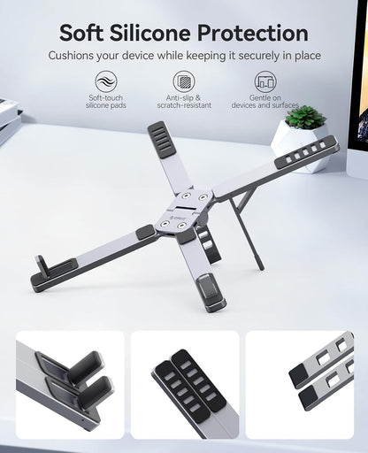 ORICO Portable Laptop Stand for Travel & Desk, Ultra-Compact Foldable Aluminum 3-in-1 Riser for Laptop, Tablet & Phone, 5 Adjustable Heights, Compatible with MacBook/HP/Dell/iPad/iPhone – PN1 (Gray)