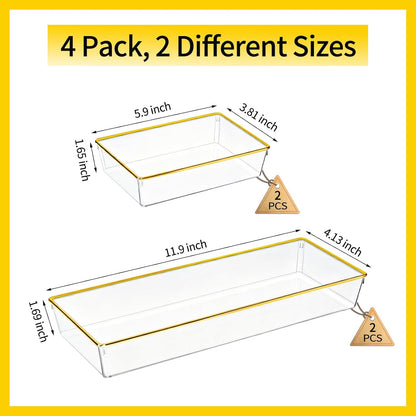 4 Pack Large Size Clear Stackable Drawer Organizer Trays, Gold Rim Makeup Drawer Storage Tray Divider, Desk Storage for Makeup, Jewelry, Bathroom, Stationary, Kitchen Utensils and Office Desk