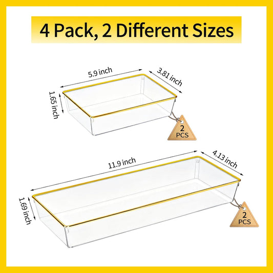 4 Pack Large Size Clear Stackable Drawer Organizer Trays, Gold Rim Makeup Drawer Storage Tray Divider, Desk Storage for Makeup, Jewelry, Bathroom, Stationary, Kitchen Utensils and Office Desk