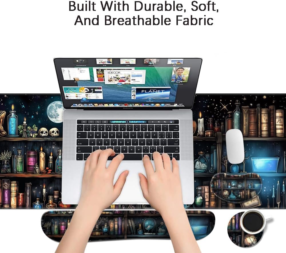 MIBITRI Keyboard Mouse Pad Set, Extended Gaming Mouse Pad+Ergonomics Keyboard Wrist Rest Support, Memory Foam, Easy Typing Pain Relief, 4Pcs XXL Ultra Thick Desk Mat, Enchanted Bookshelf