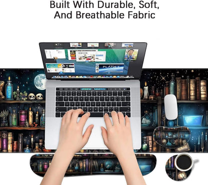 MIBITRI Keyboard Mouse Pad Set, Extended Gaming Mouse Pad+Ergonomics Keyboard Wrist Rest Support, Memory Foam, Easy Typing Pain Relief, 4Pcs XXL Ultra Thick Desk Mat, Enchanted Bookshelf