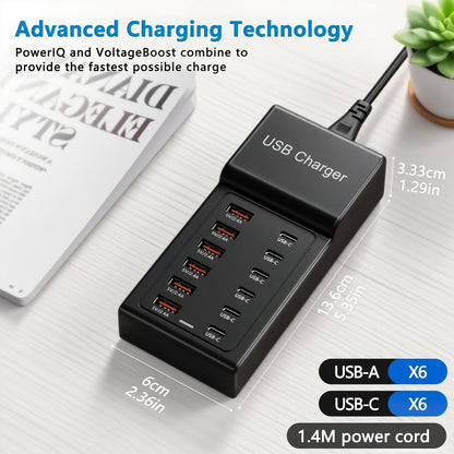 USB Charging Station 50w10A 12 Ports Multiple Charging Block, USB C Strip for iPhone 13/14/15/16/17/Smartphone/Tablet/Watch/Headphones and Multiple Charger Plug