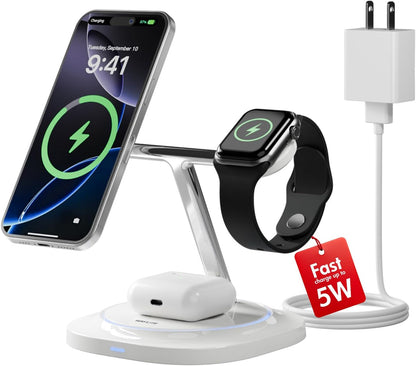 3 in 1 Magnetic Wireless Charger for Apple - Fast Charging Station Compatible with MagSafe for iPhone17-12, Apple Watch& AirPods, Phone and Watch Charger Stand for Desktop Bedside Nightstand (White)