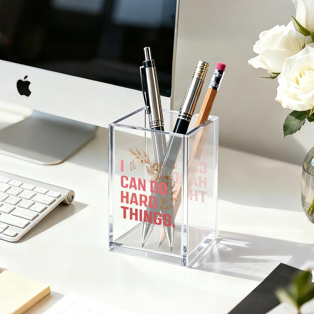 Just Breathe Acrylic Cosmetic Organizer Pen Holder, Anxiety Relaxing Acrylic Desk Holder Cup for Pen Pencil, Dandelion Desk Organizer, Mental Health Office Gifts for Coworker Leader Friend