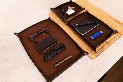 Valet Tray – Full-Grain Leather Catchall Organizer for Keys, Phone & Wallet – Rustic Nightstand & Desk Tray with Raised Sides – Handmade in USA (Vintage Brown, Small Rectangle)