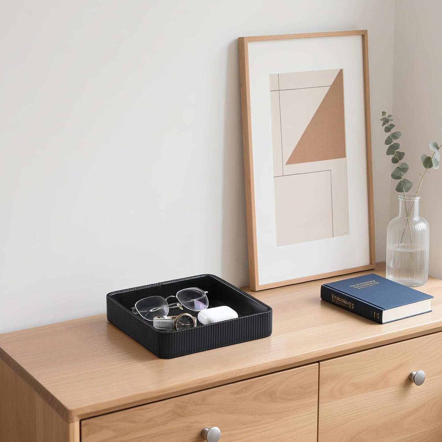 Small Valet Tray, 8"x8" Nightstand Organizer for Women Men| PU Leather Desk Organizer Trinket Dish| Decorative Vanity Tray Catch All Key Bowl for Dresser Bedside Coffee Table Entryway (Black)