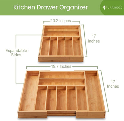 Purawood Kitchen Drawer Organizer - Expandable Utensil Drawer Organizer for Kitchen, Cutlery Tray & Silverware Organizer, 3-5 Slots - Bamboo Organizer for Utensils & Flatware (Natural)