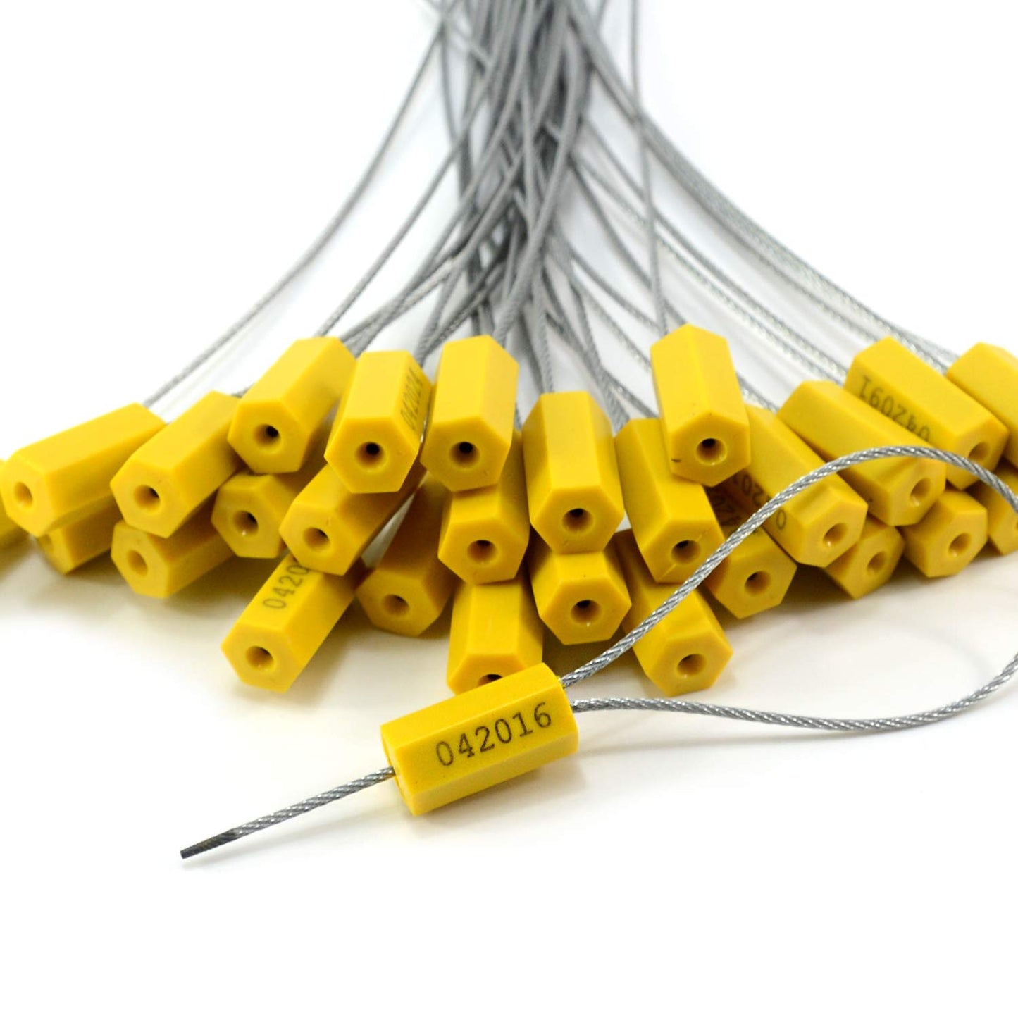 50 pcs Tamper Resistant Security Seals Numbered Steel Cable Wire Truck Seals Pull-Tite Secure Shipping Tag Self-Locking Padlock for Trailers, Truck (Yellow)